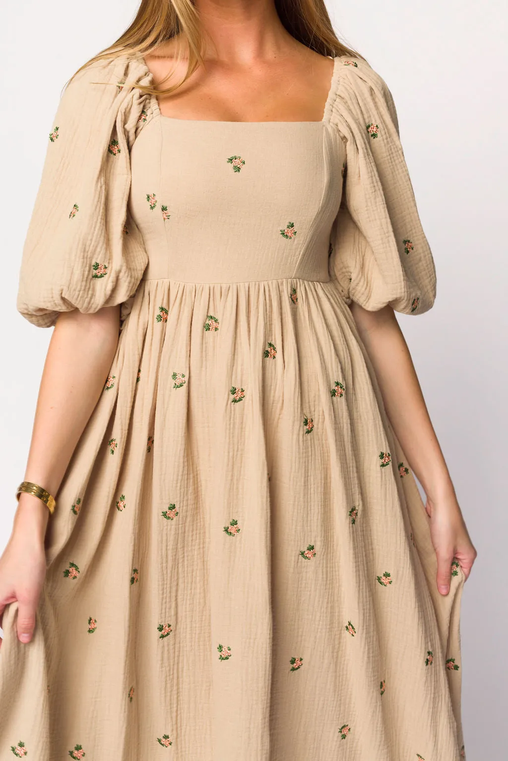 Natalie Embroidered Floral Midi Dress in Taupe sold by Worth Collective product image thumbnail 2