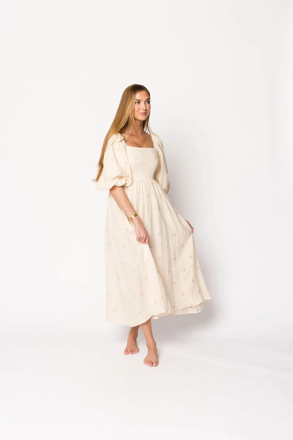 Natalie Embroidered Floral Midi Dress in Cream sold by Worth Collective product image thumbnail 3