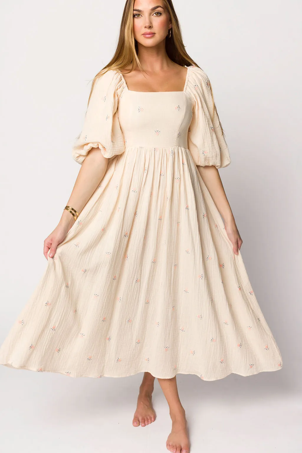 Natalie Embroidered Floral Midi Dress in Cream sold by Worth Collective