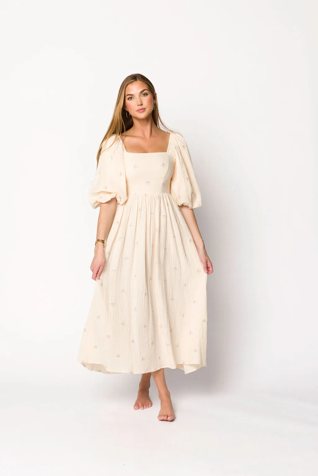 Natalie Embroidered Floral Midi Dress in Cream sold by Worth Collective product image thumbnail 2