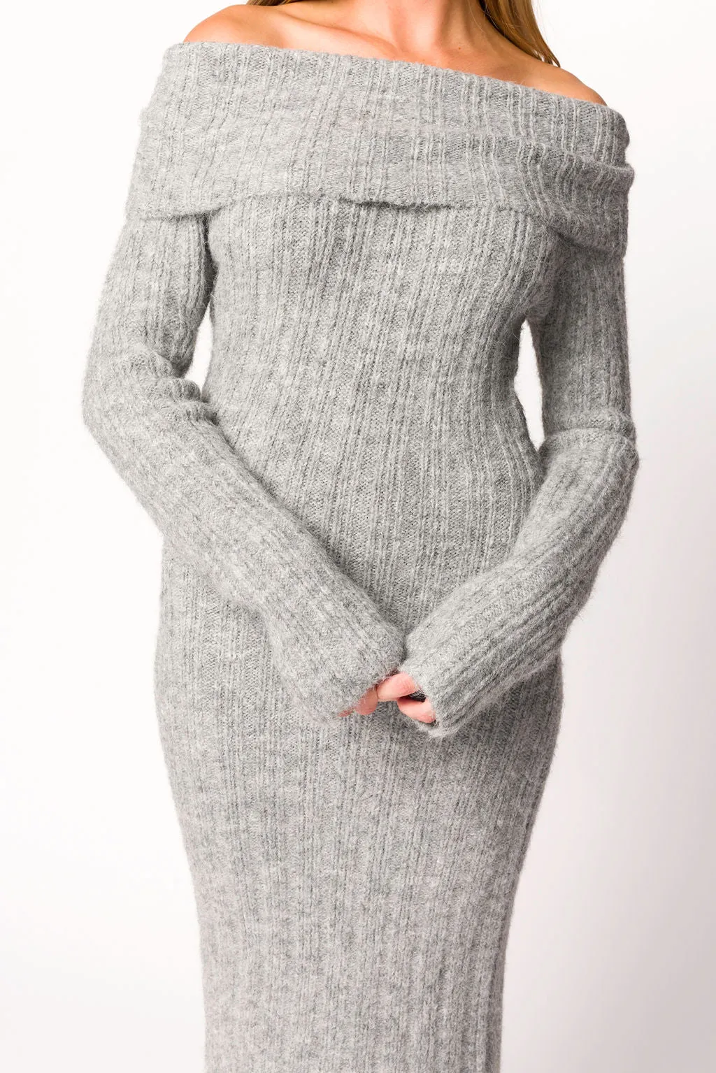 Beth Off-Shoulder Sweater Midi Dress in Heather Grey sold by Worth Collective product image thumbnail 5