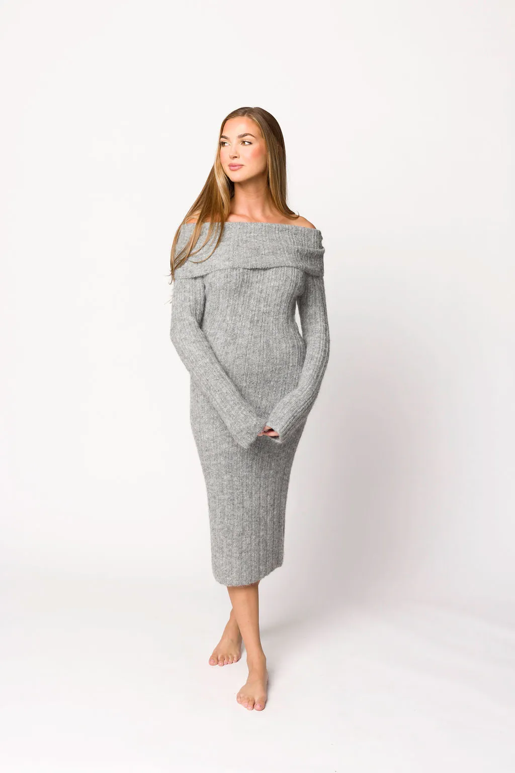 Beth Off-Shoulder Sweater Midi Dress in Heather Grey sold by Worth Collective product image thumbnail 2
