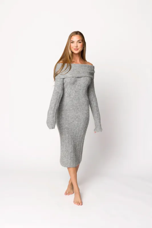 Beth Off-the-Shoulder Sweater Midi Dress in Heather Grey sold by Worth Collective