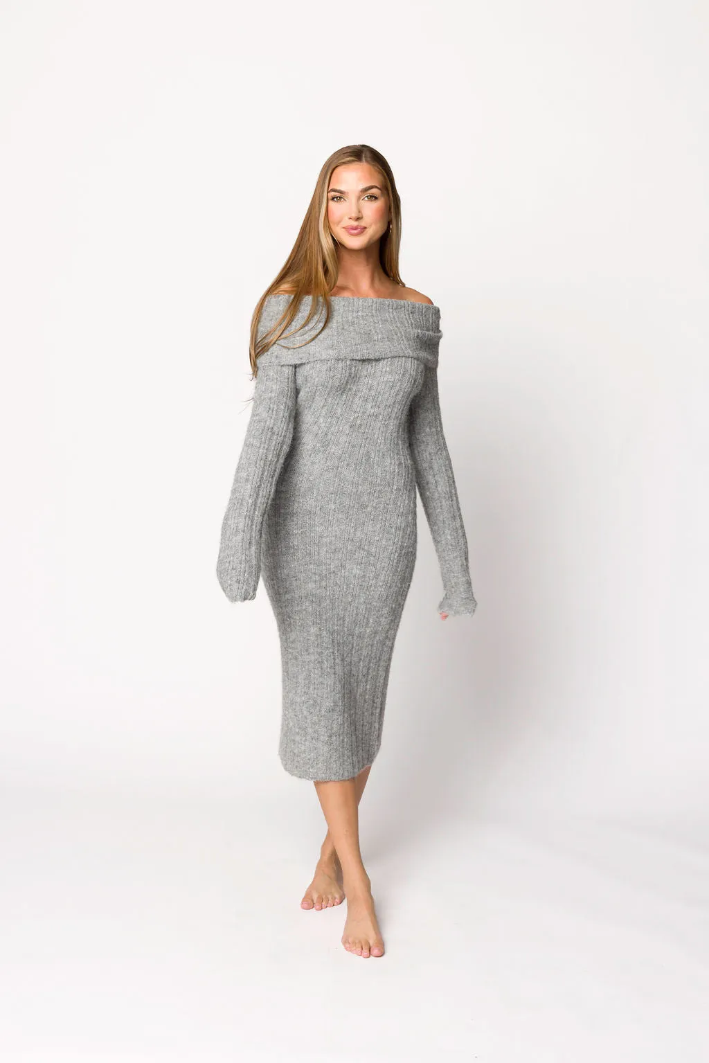 Beth Off-Shoulder Sweater Midi Dress in Heather Grey sold by Worth Collective
