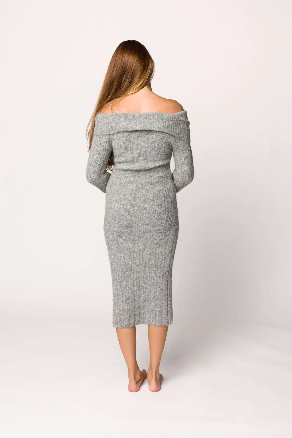 Beth Off-Shoulder Sweater Midi Dress in Heather Grey sold by Worth Collective product image thumbnail 4