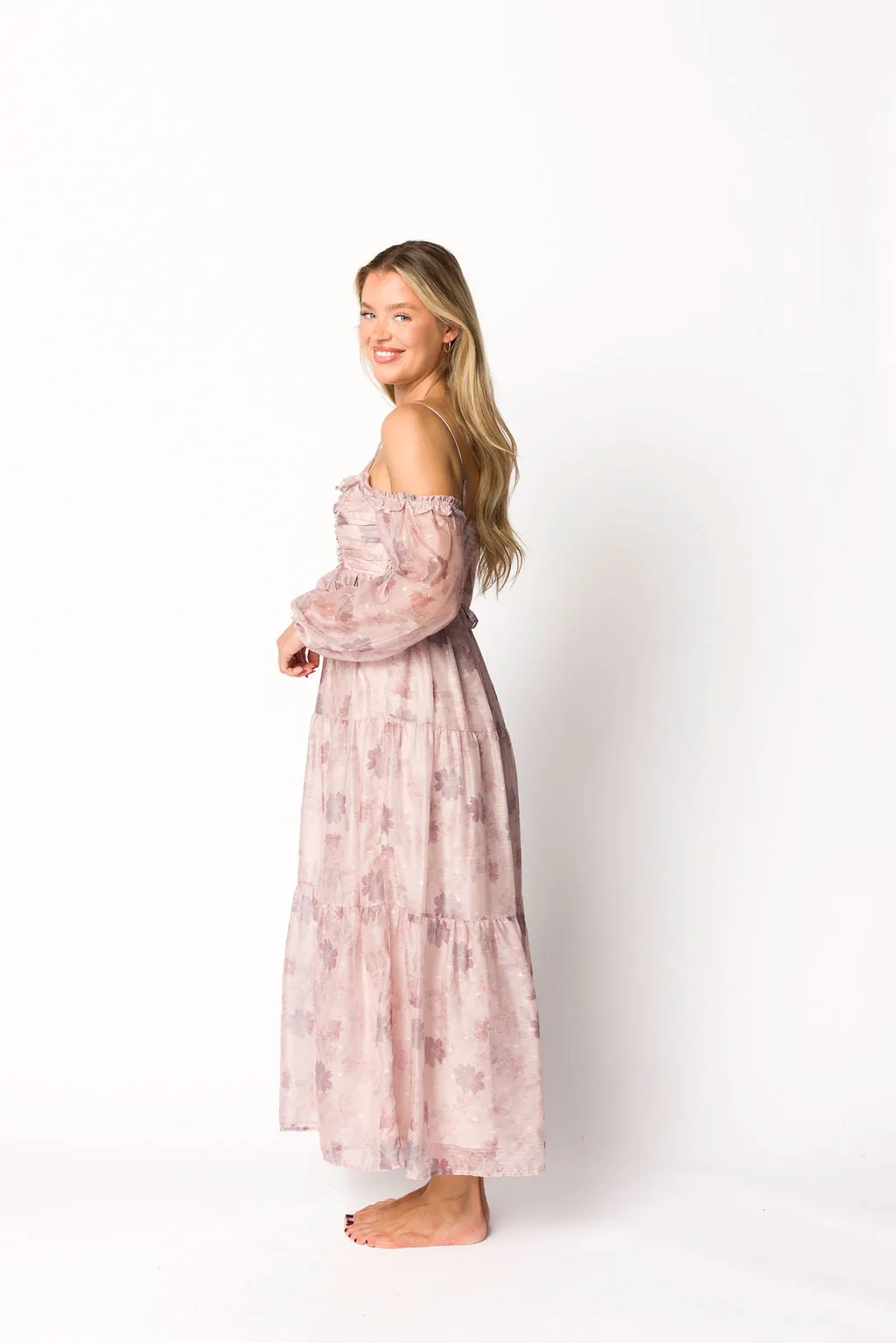 Atlas Rouched Midi Dress in Purple/Blush Floral sold by Worth Collective product image thumbnail 3