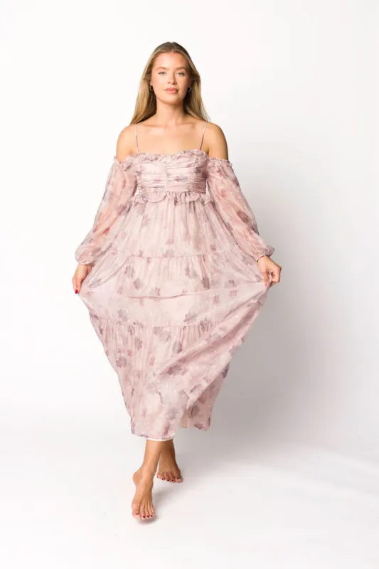Atlas Rouched Midi Dress in Purple/Blush Floral sold by Worth Collective