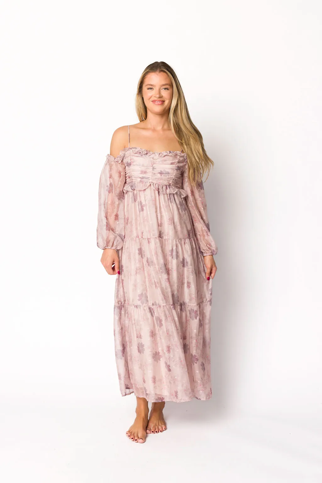 Atlas Rouched Midi Dress in Purple/Blush Floral sold by Worth Collective product image thumbnail 5