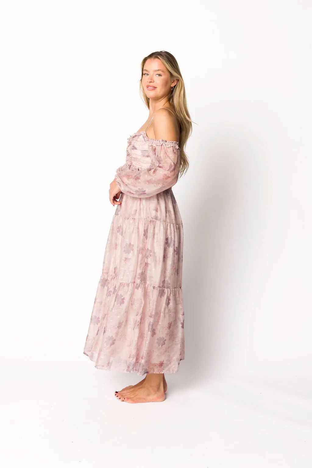 Atlas Rouched Midi Dress in Purple/Blush Floral sold by Worth Collective product image thumbnail 2