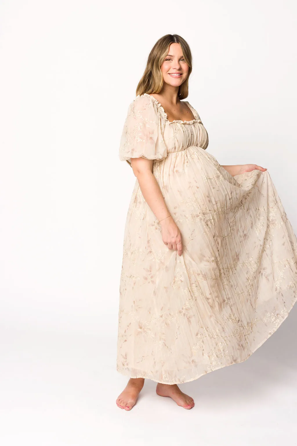 Danielle Puffed Sleeve Maxi Dress in Light Beige Floral - Bump Friendly sold by Worth Collective