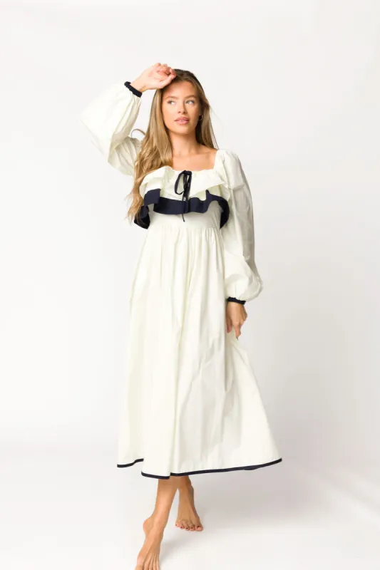 Megan Ruffle Long Sleeve Midi Dress in Cream/Navy sold by Worth Collective