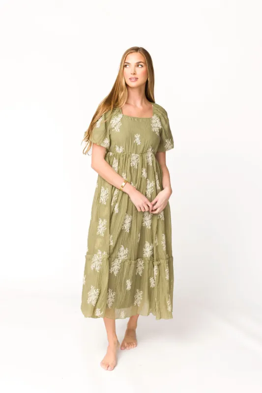 Hallie Embroidered Maxi Dress in Olive - Bump Friendly & Inclusive Sizing (S-3XL) sold by Worth Collective