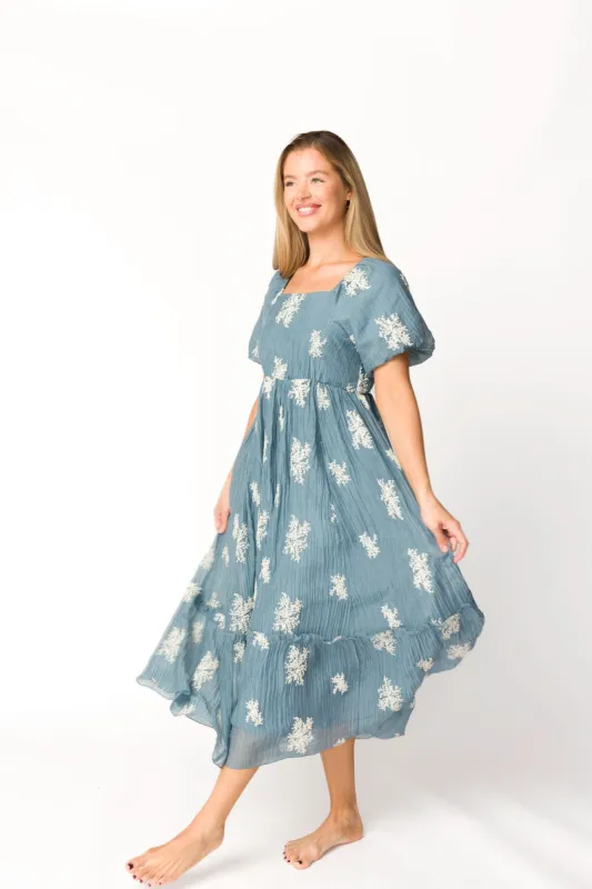 Hallie Embroidered Maxi Dress in Dusty Blue - Bump Friendly & Inclusive Sizing (S-3XL) sold by Worth Collective