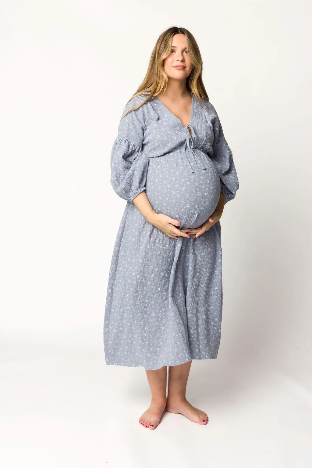 Hunter 100% Cotton Gauze Midi Dress in Indigo - Bump Friendly sold by Worth Collective