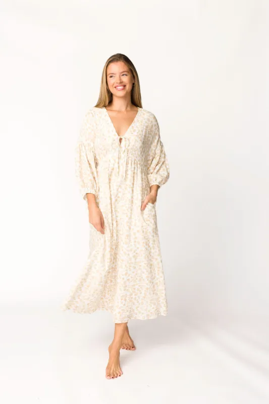 Hunter 100% Cotton Gauze Midi Dress in Natural/Fawn Floral - Bump Friendly sold by Worth Collective
