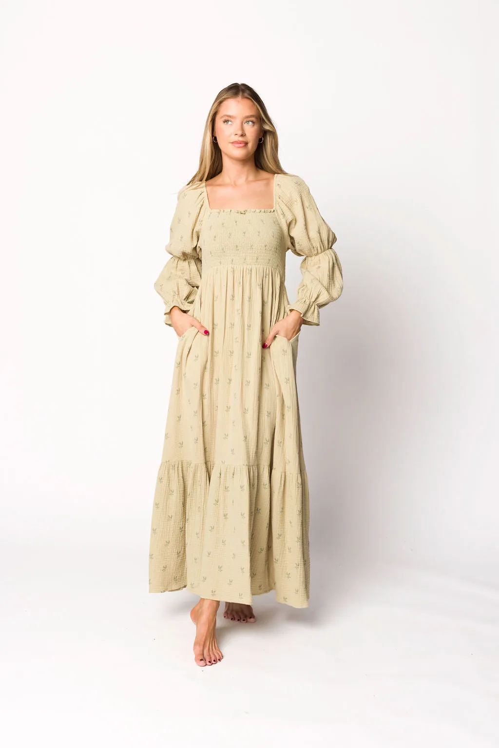 Emerson 100% Cotton Gauze Maxi Dress in Thyme - Bump Friendly sold by Worth Collective