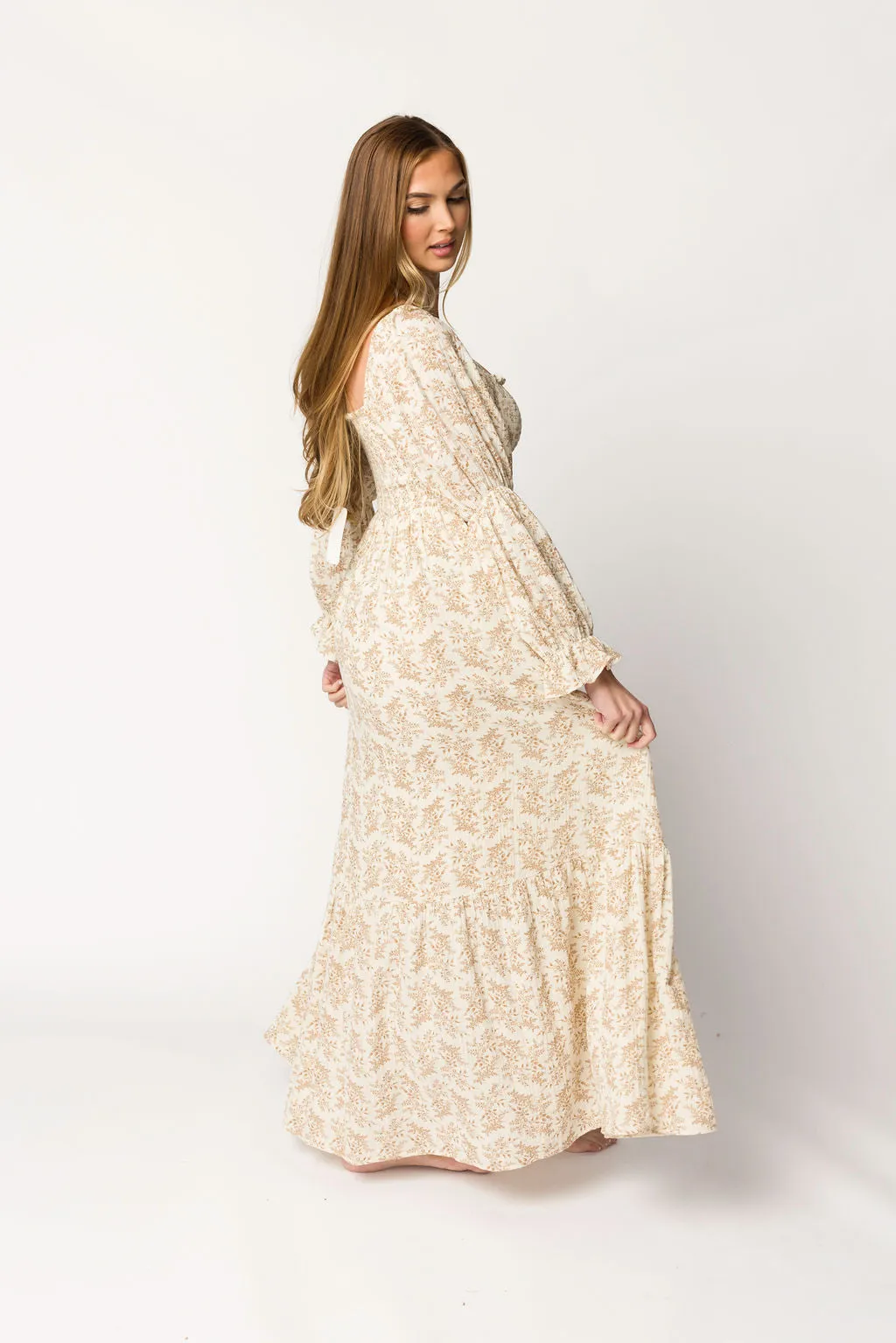 Emerson 100% Cotton Gauze Maxi Dress in Natural/Tan Floral - Bump Friendly sold by Worth Collective product image thumbnail 4