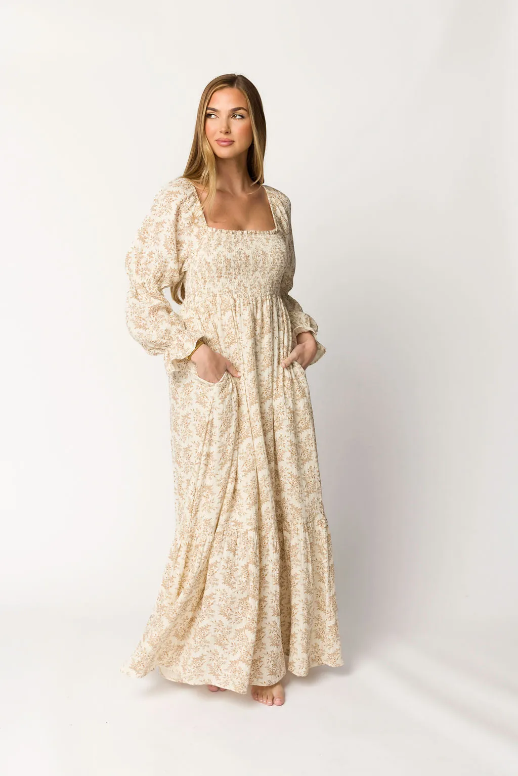Emerson 100% Cotton Gauze Maxi Dress in Natural/Tan Floral - Bump Friendly sold by Worth Collective