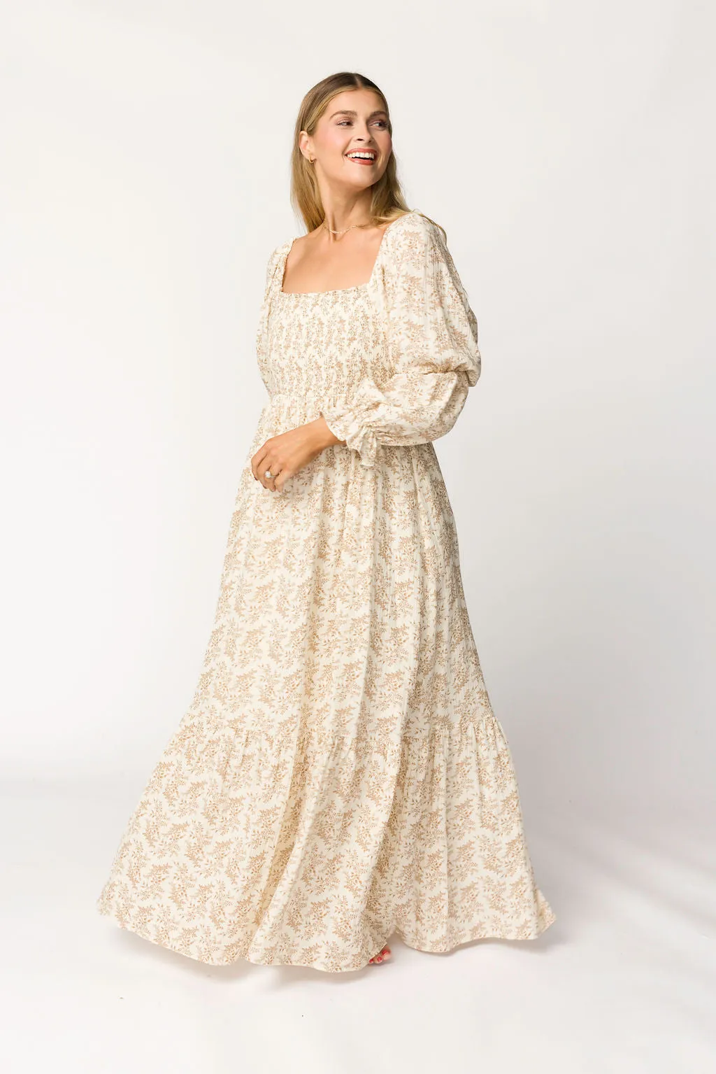 Emerson 100% Cotton Gauze Maxi Dress in Natural/Tan Floral - Bump Friendly sold by Worth Collective product image thumbnail 3