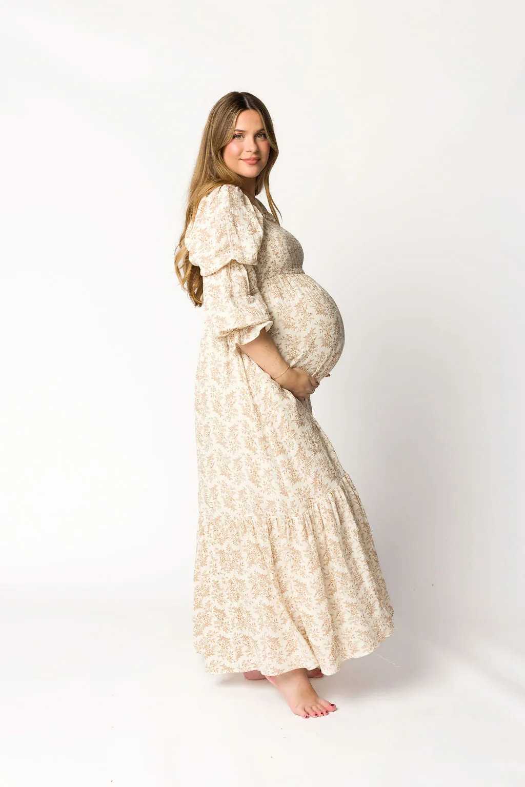 Emerson 100% Cotton Gauze Maxi Dress in Natural/Tan Floral - Bump Friendly sold by Worth Collective product image thumbnail 2
