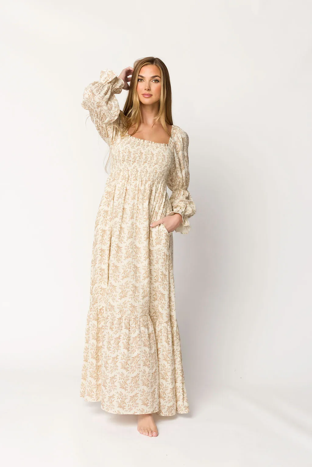 Emerson 100% Cotton Gauze Maxi Dress in Natural/Tan Floral - Bump Friendly sold by Worth Collective product image thumbnail 5