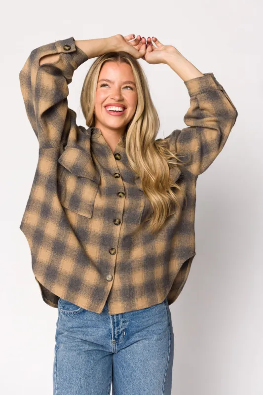 Lanie Plaid Shacket in Taupe/Grey sold by Worth Collective