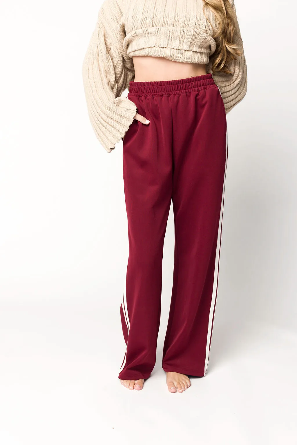 Sue Wide Leg Track Pants in Burgundy *Final-Sale* sold by Worth Collective