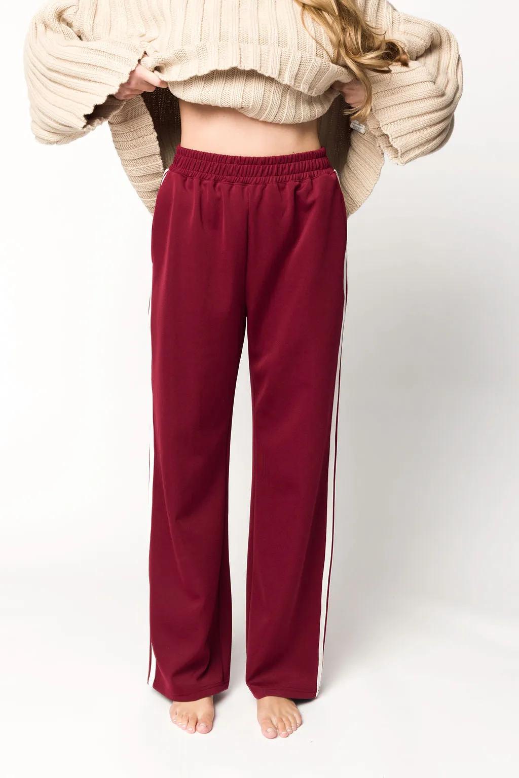 Sue Wide Leg Track Pants in Burgundy *Final-Sale* sold by Worth Collective product image thumbnail 2