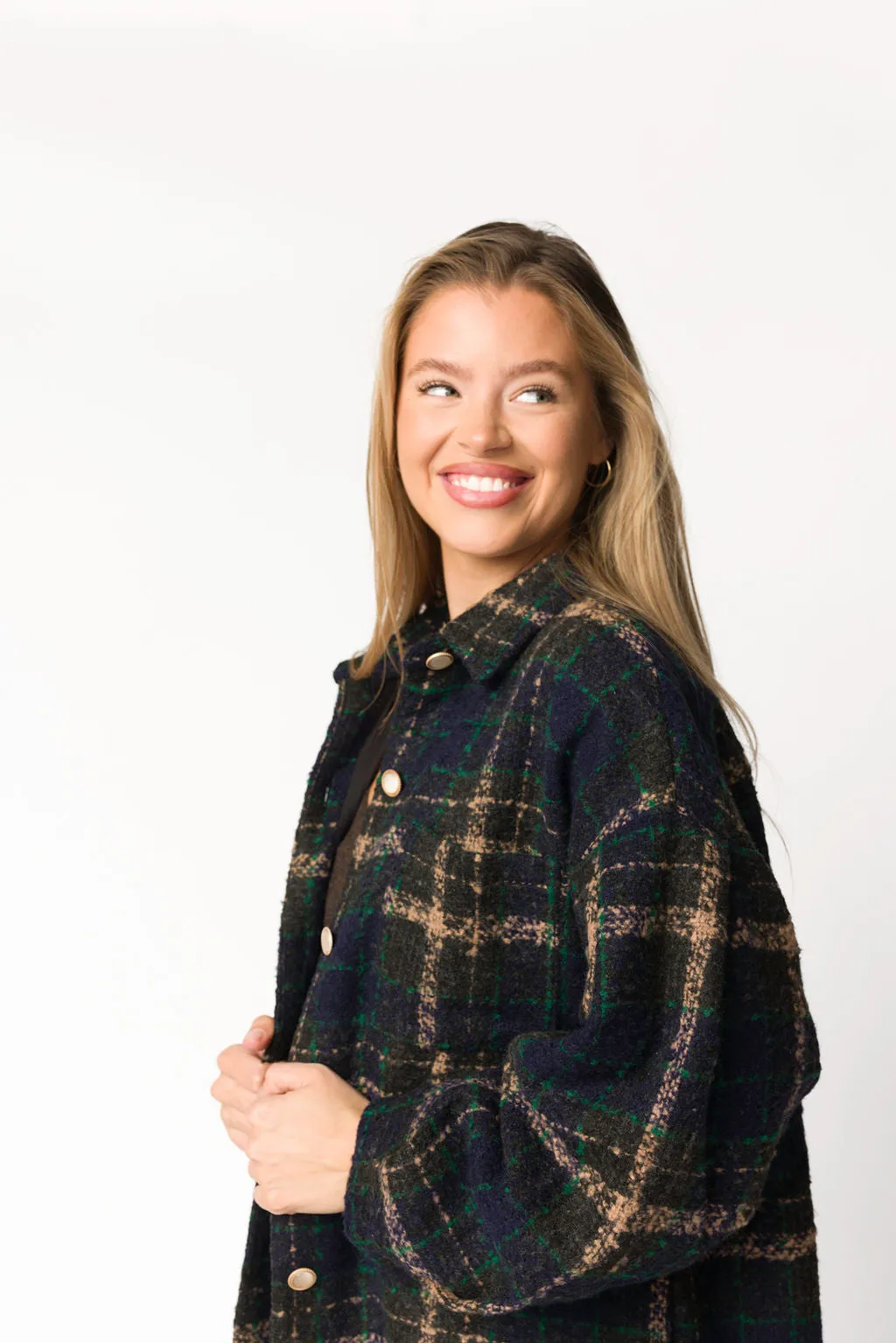 Lucille Boucle Plaid Puff Sleeve Jacket in Navy/Taupe sold by Worth Collective product image thumbnail 3