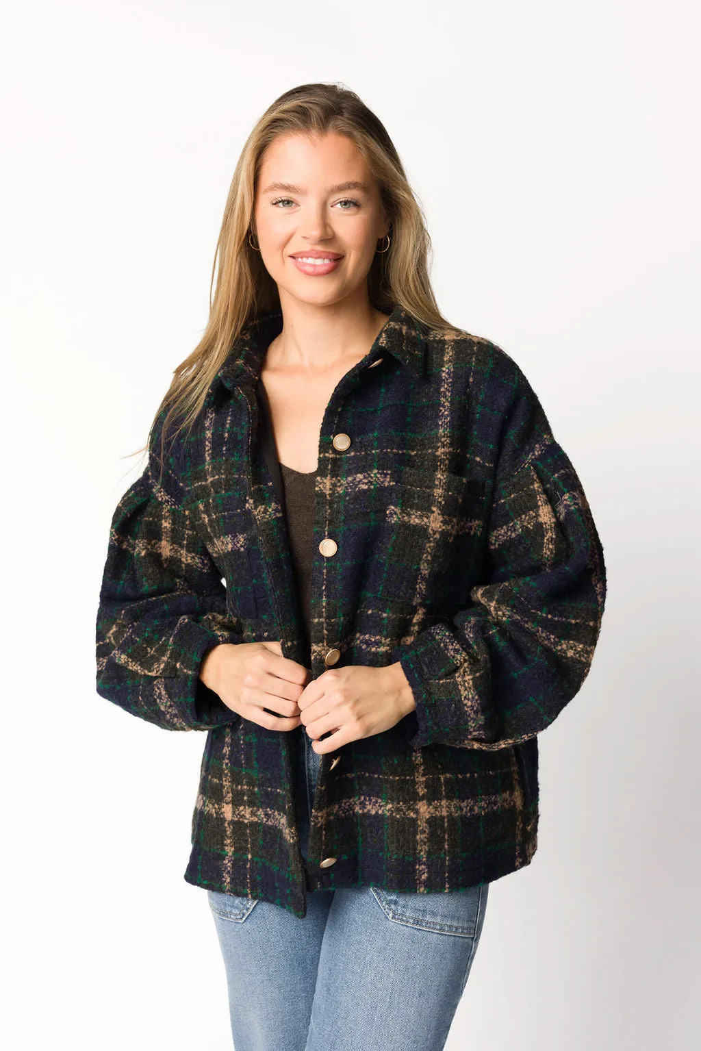 Lucille Boucle Plaid Puff Sleeve Jacket in Navy/Taupe sold by Worth Collective