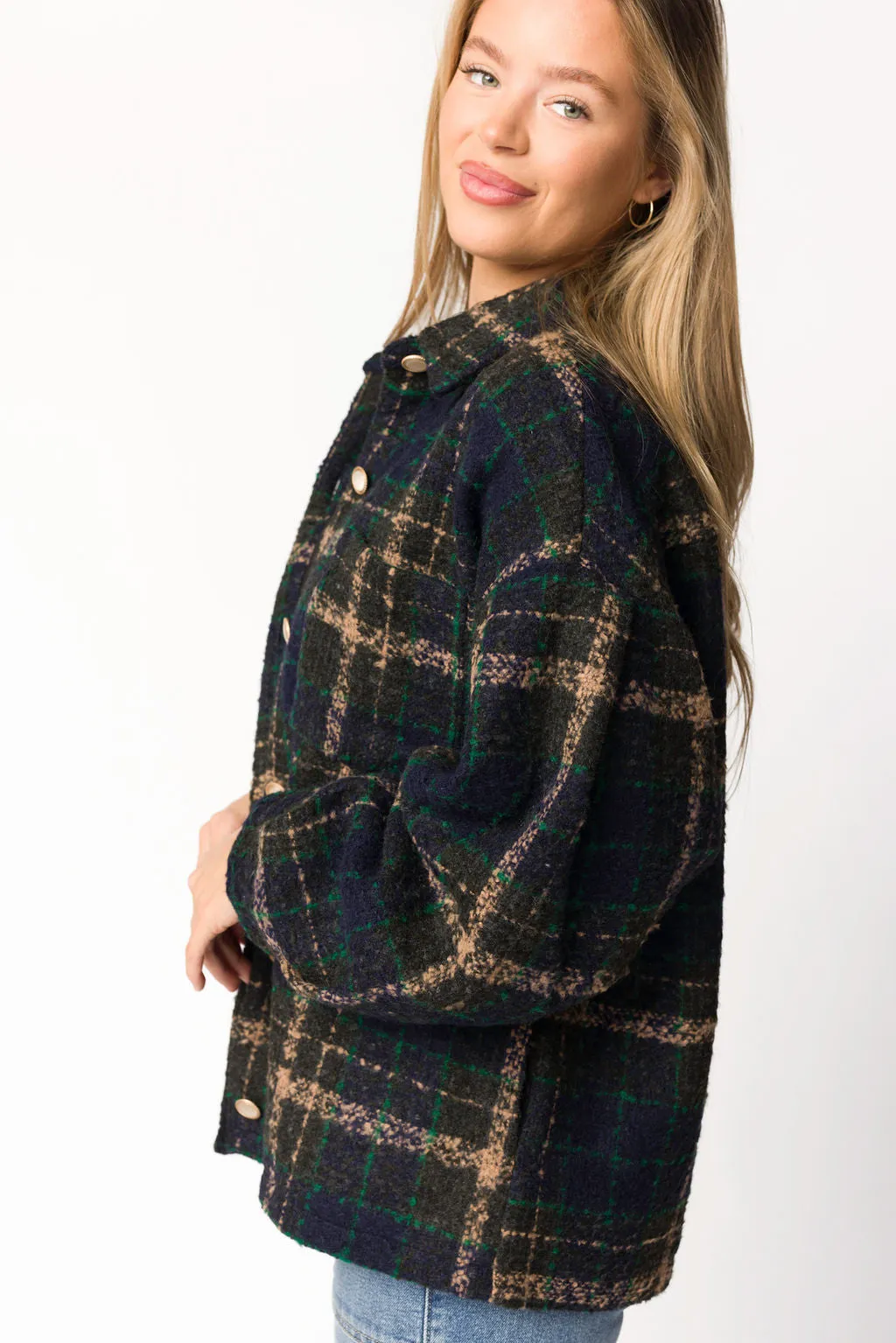 Lucille Boucle Plaid Puff Sleeve Jacket in Navy/Taupe sold by Worth Collective product image thumbnail 2