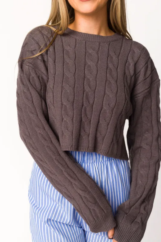 Saige Cropped Cable Knit in Charcoal sold by Worth Collective