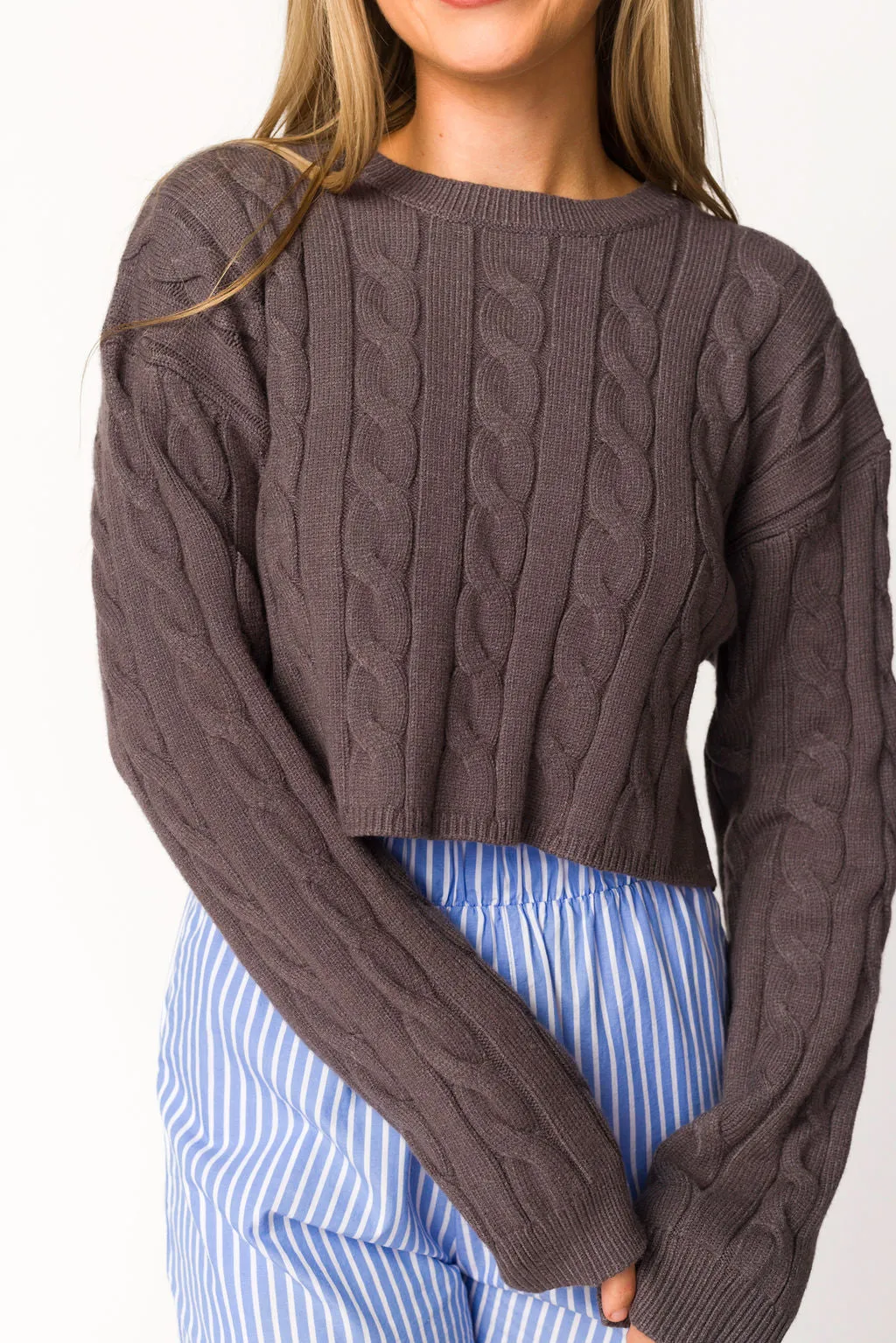 Saige Cropped Cable Knit in Charcoal sold by Worth Collective