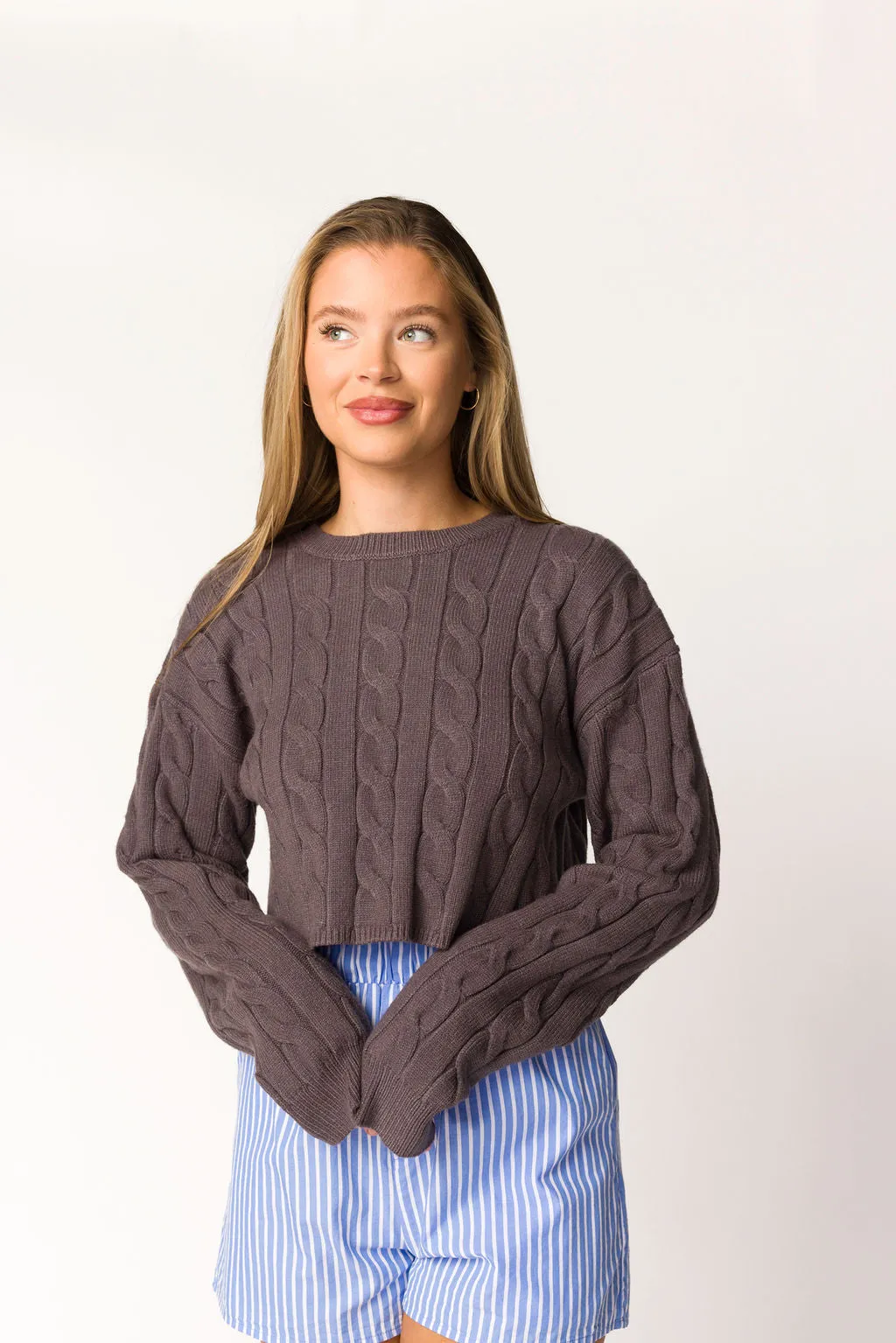Saige Cropped Cable Knit in Charcoal sold by Worth Collective product image thumbnail 5