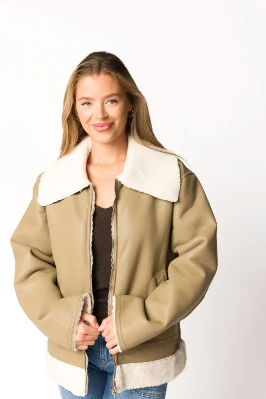 Sammy Vegan Leather and Shearling Jacket in Sandstone *Final-Sale* sold by Worth Collective