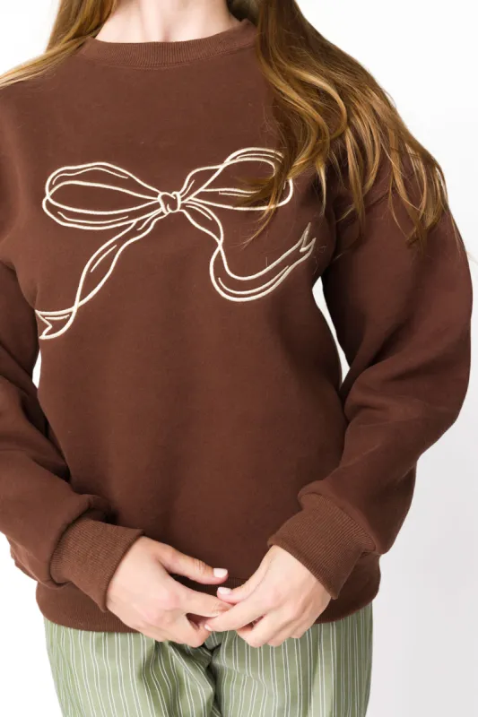 Claire Embroidered Bow Sweatshirt in Chocolate *Final-Sale* sold by Worth Collective