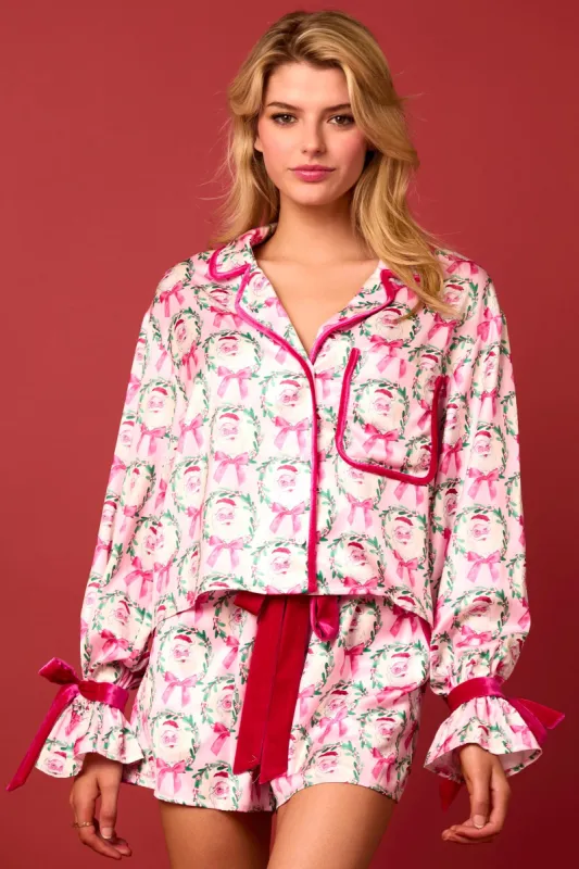 Satin Santa & Bow Prints Pajama Set in Pink/White- Final Sale sold by Worth Collective