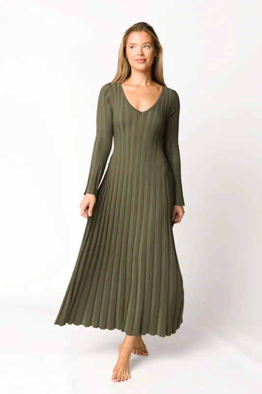Hadley Long Sleeve V-Neck Knit Maxi Dress in Olive- Bump Friendly sold by Worth Collective