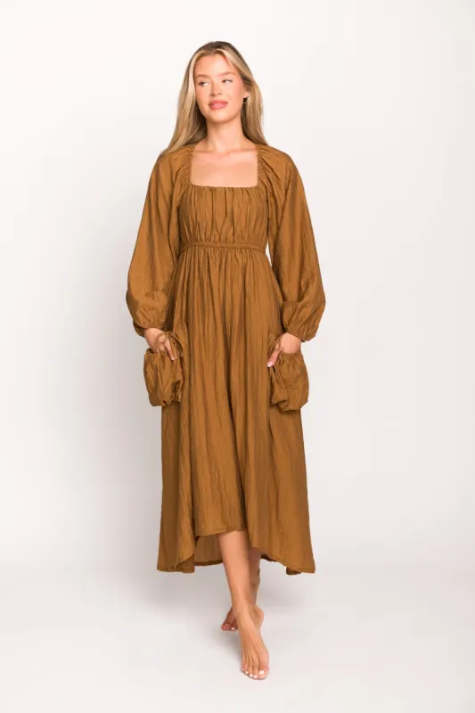 Ariana Long Sleeved Maxi Dress with Slouchy Pocket in Butterscotch sold by Worth Collective
