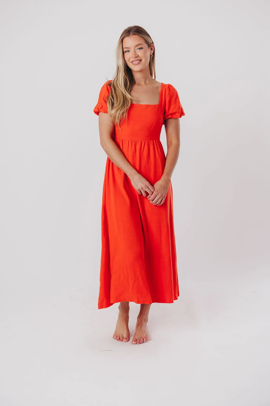 Ainsley Square Neck Midi Dress with Puffed Sleeves in Orange Poppy - Bump Friendly & Inclusive Sizing (S-3XL) FINAL FEW sold by Worth Collective