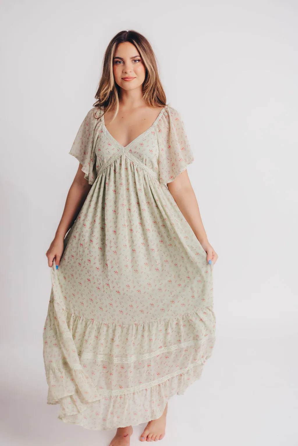 Siena Floral Chiffon V-Neck Midi Dress in Green Tea - Bump Friendly sold by Worth Collective product image thumbnail 4