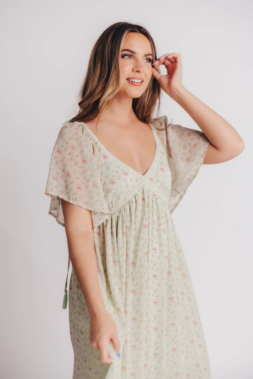 Siena Floral Chiffon V-Neck Midi Dress in Green Tea - Bump Friendly sold by Worth Collective product image thumbnail 2