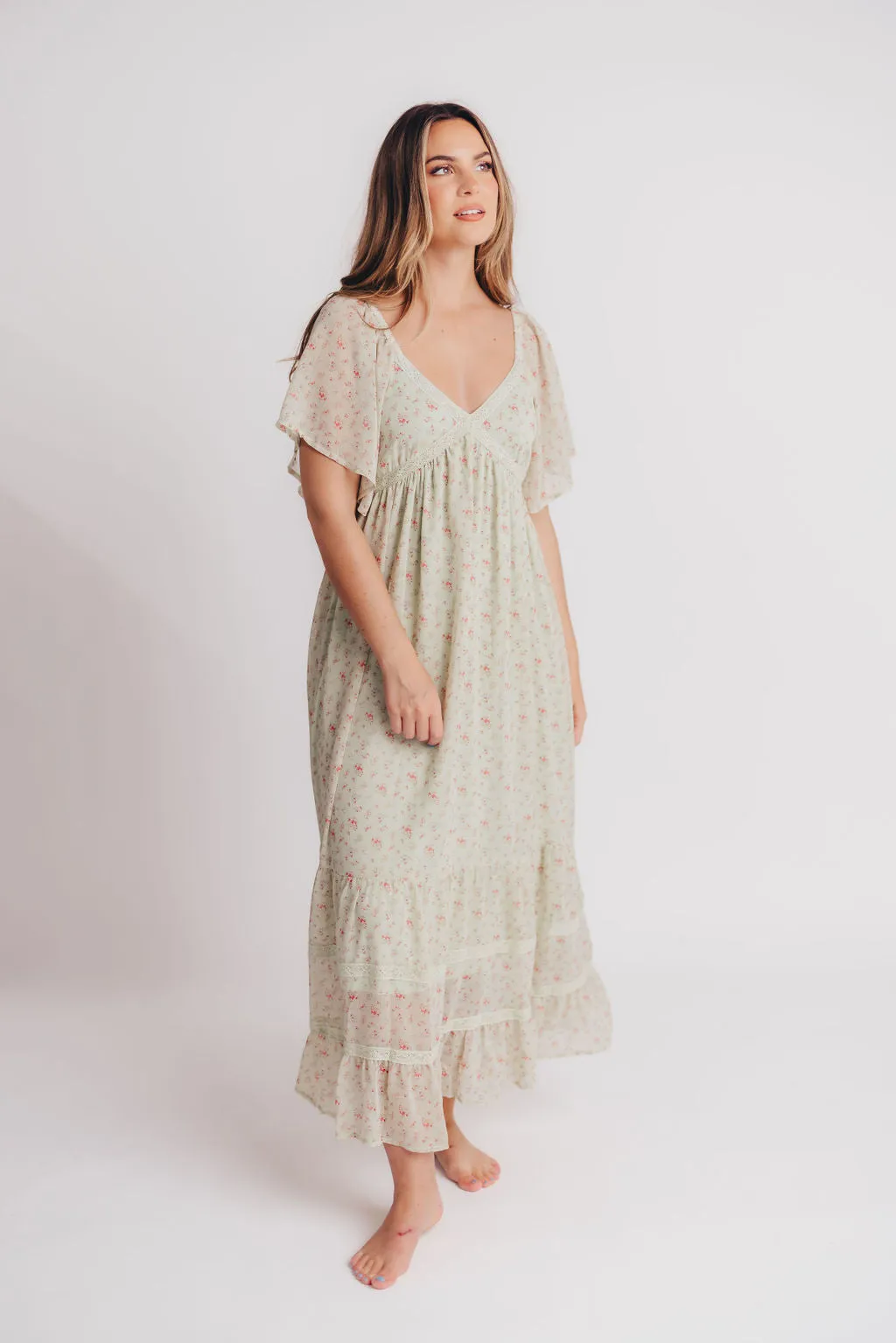Siena Floral Chiffon V-Neck Midi Dress in Green Tea - Bump Friendly sold by Worth Collective product image thumbnail 5