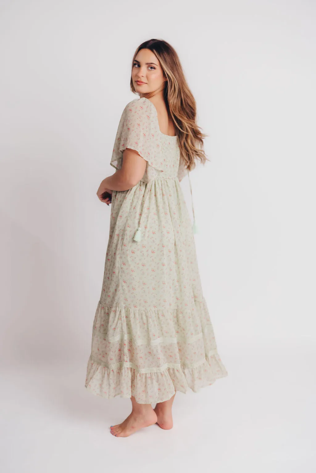 Siena Floral Chiffon V-Neck Midi Dress in Green Tea - Bump Friendly sold by Worth Collective product image thumbnail 3
