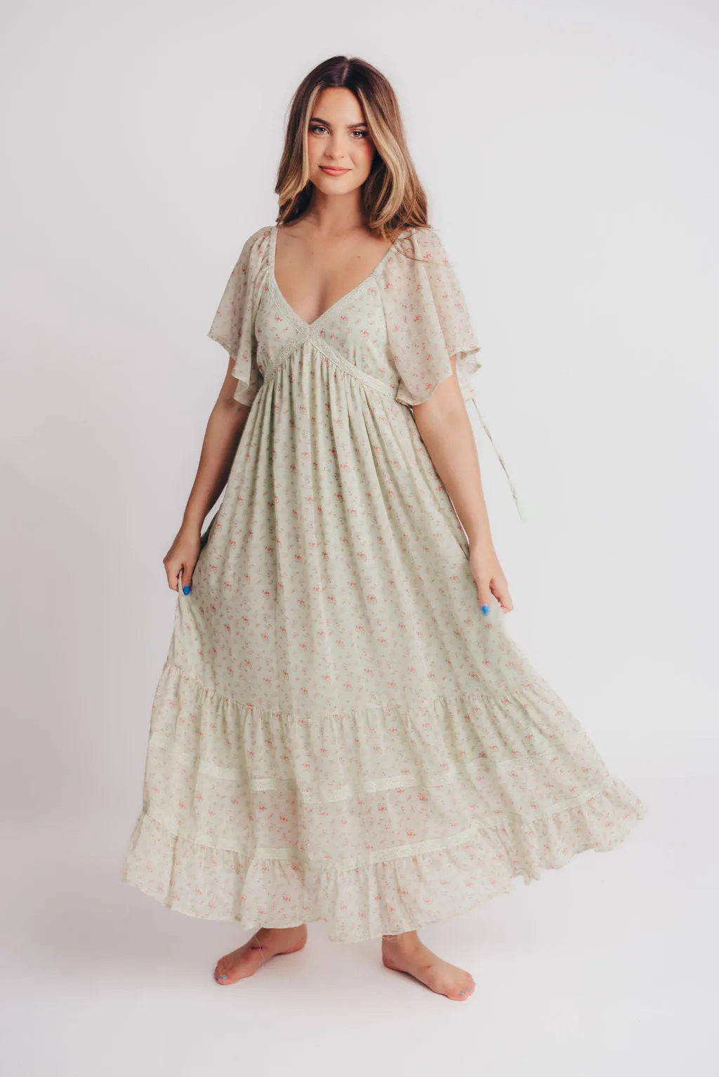 Siena Floral Chiffon V-Neck Midi Dress in Green Tea - Bump Friendly sold by Worth Collective