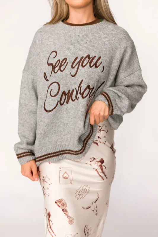 See You Cowboy Pullover Sweater in Heather Grey sold by Worth Collective
