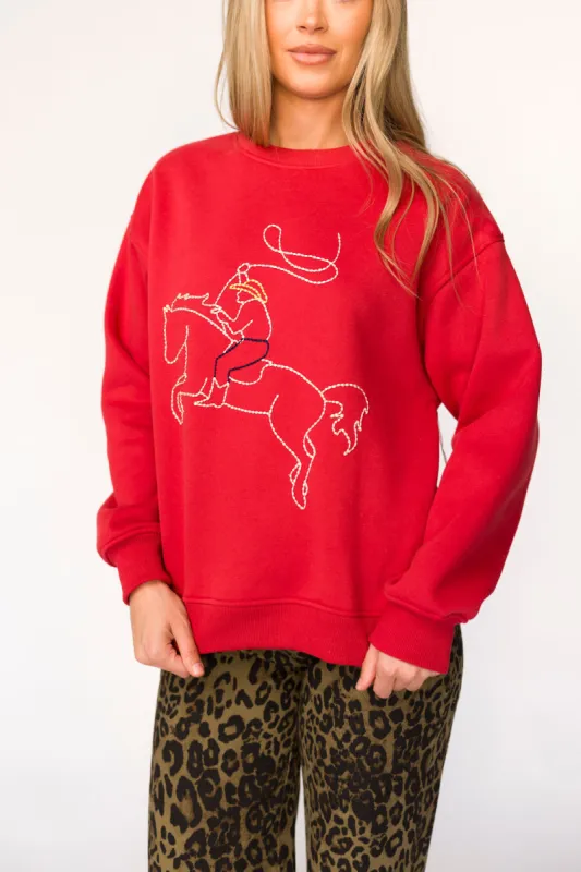 Rodeo Embroidered Pullover in Cherry sold by Worth Collective