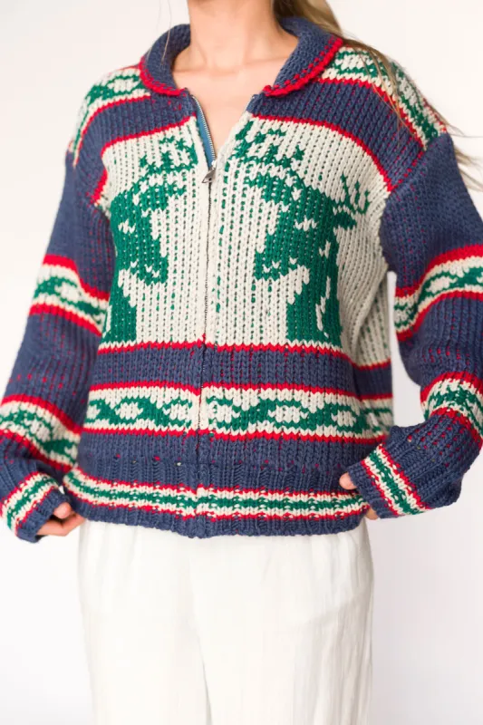 Reindeer Heavy Sweater Zip-Up in Vintage Blue sold by Worth Collective