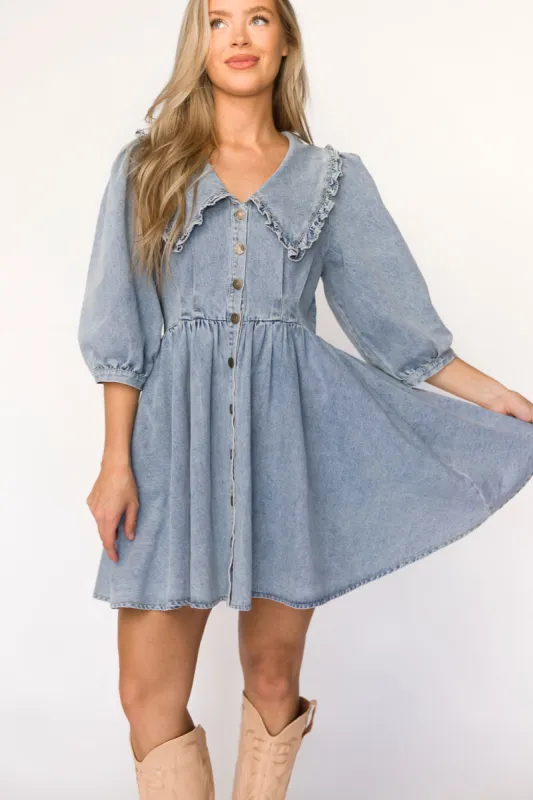 Lainey Mini Dress with Peter Pan Collar in Light Wash Denim - Nursing Friendly sold by Worth Collective