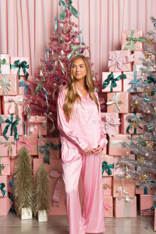 Sugar Plum Striped Satin Pajama Top and Pants Set in Light Pink - Holiday Style - Final Sale sold by Worth Collective